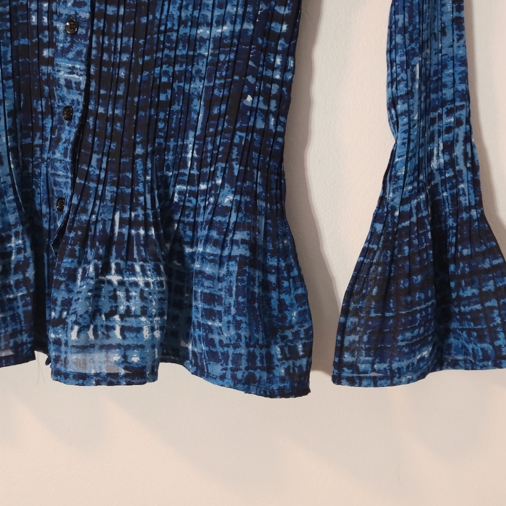 Addition Elle Sz 16 Abstract Button-Up Blouse Pleated Flared Sleeves Royal Blue - Picture 6 of 16